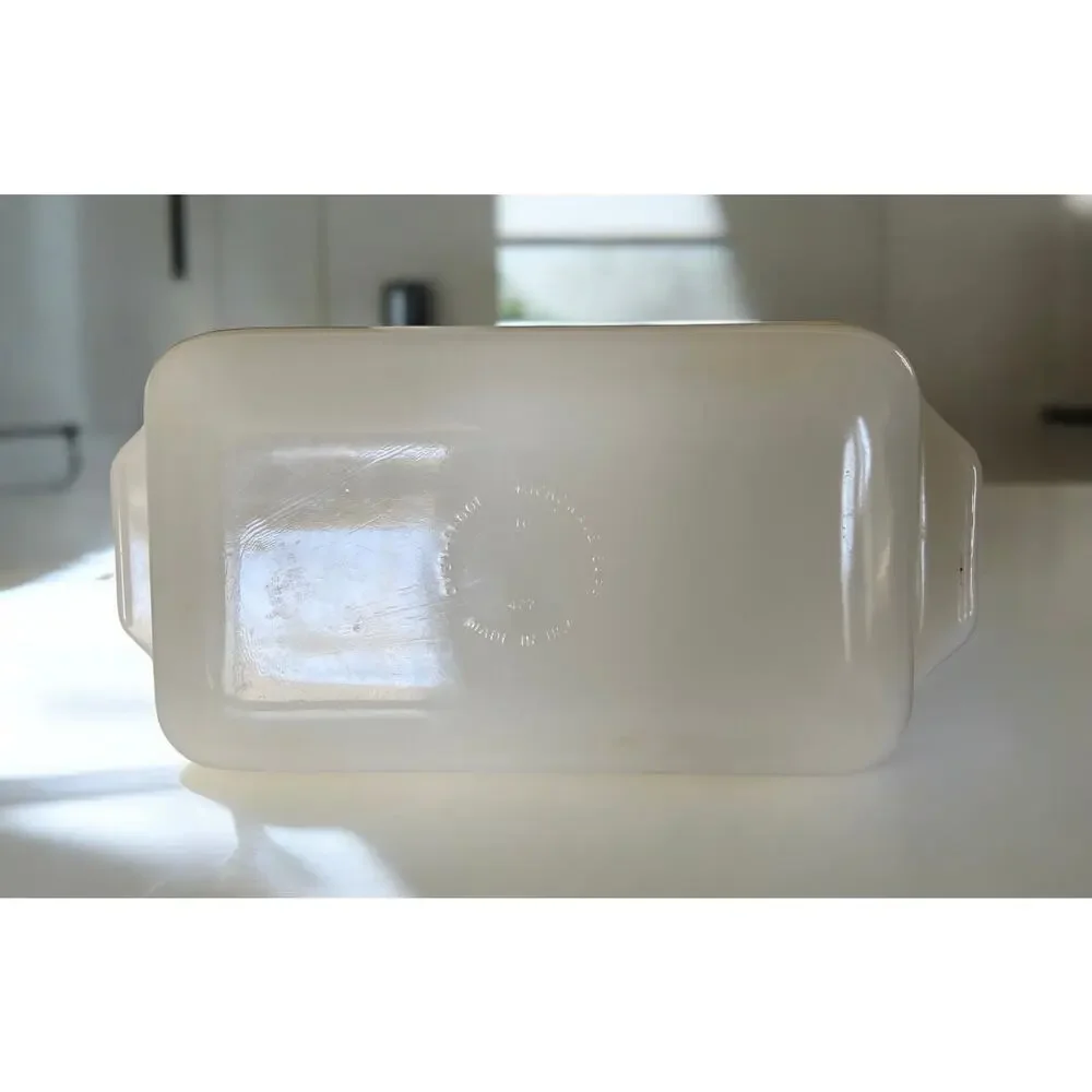 VINTAGE 70s Glasbake Green Floral Flower Print 1 QT Casserole Milk Glass Dish
